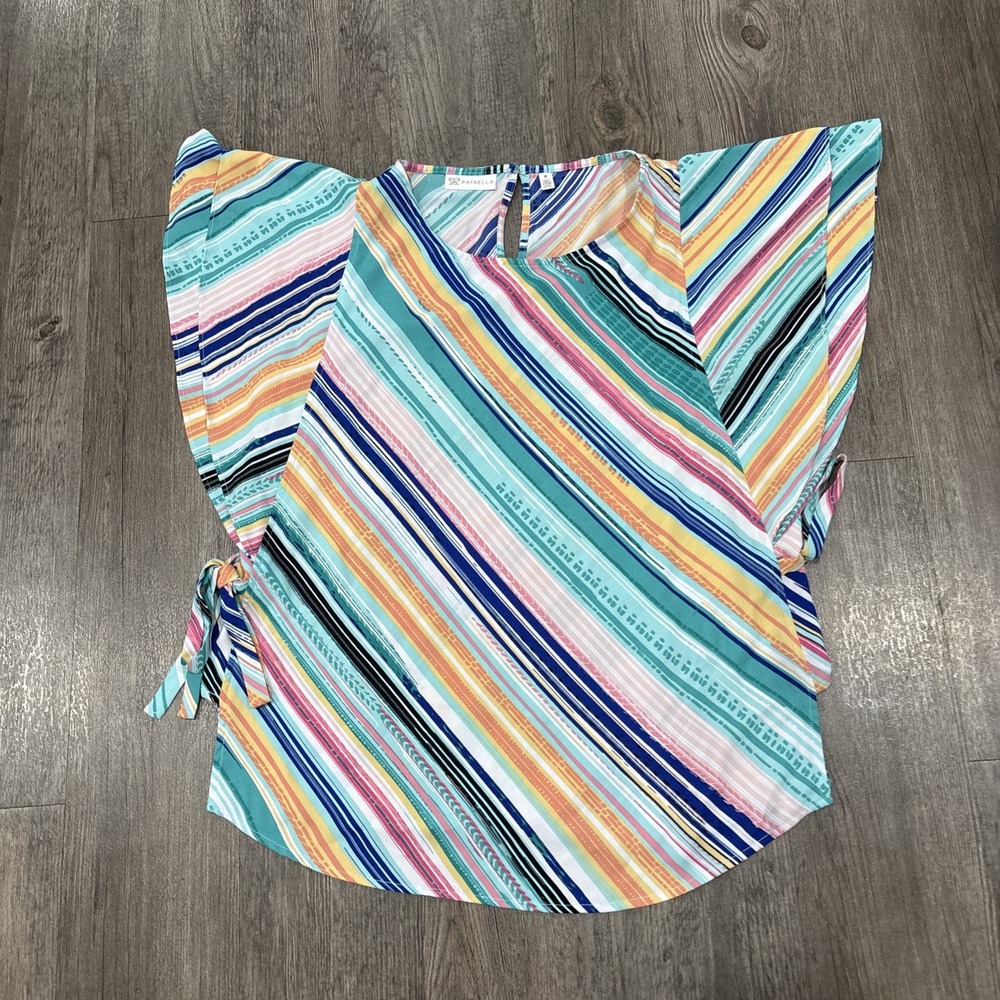 Rafaella Womens Medium Striped Crop Top Cap Sleeve Swimwear Blouse Multicolor